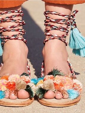NWOB Free People Multicolor Pom-Pom Wrap Lace-Up Sandals